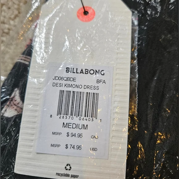 Billabong Desi Kimono Maxi Dress V Neck Button Front Floral Print Black Med NWT - Picture 2 of 16